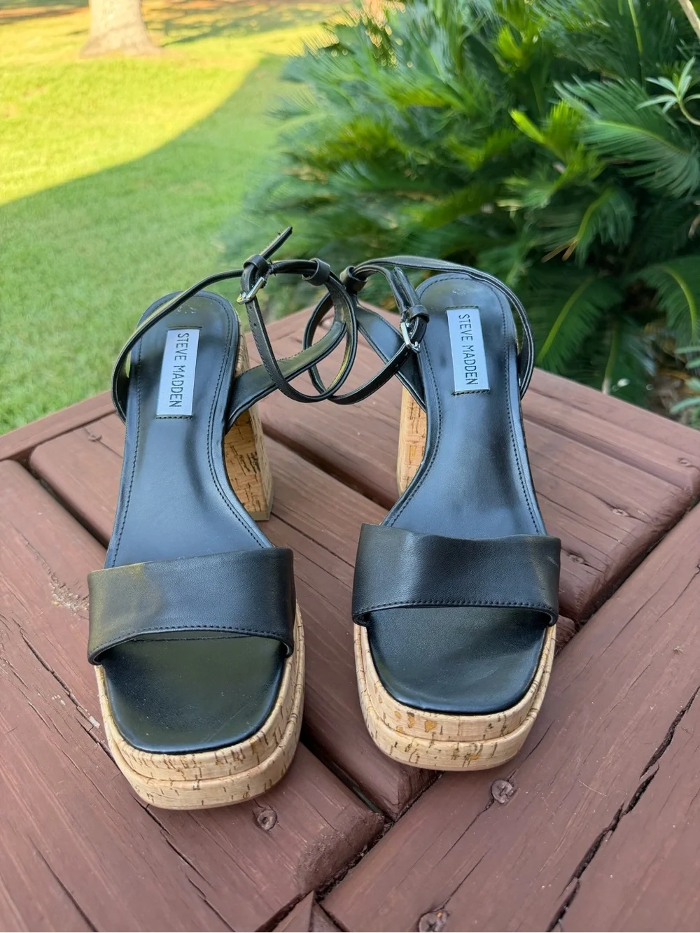 Steve Madden Warped Black Leather Cork Platform Sandals 8.5M $125 Retail